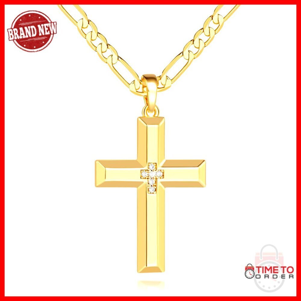 14K Gold Plated Cross Pendant Necklace with Cubic Zirconia, Figaro Chain